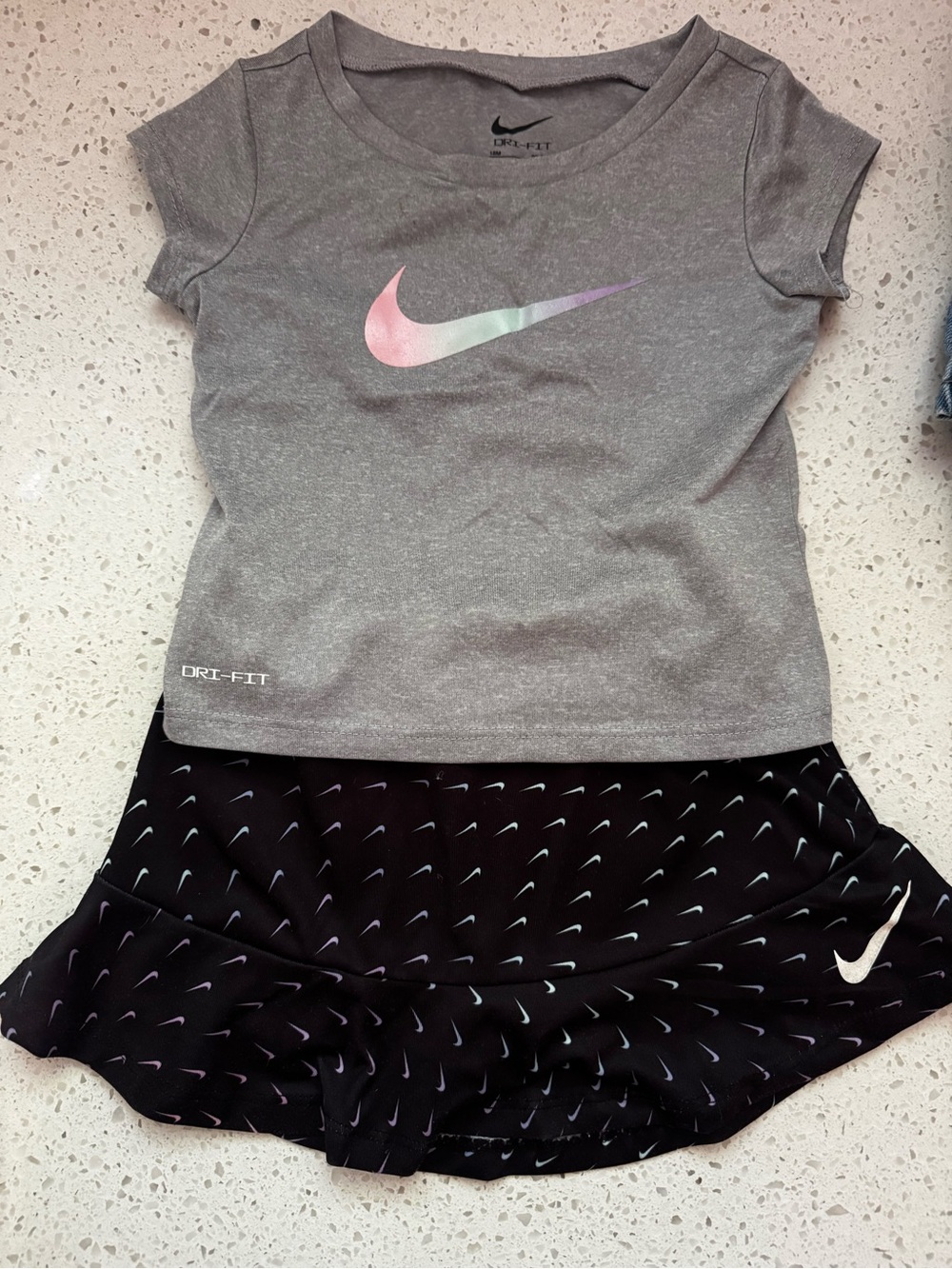 Nike Girls' Gray Tee with Iridescent Swoosh and Black Skort and Shirt